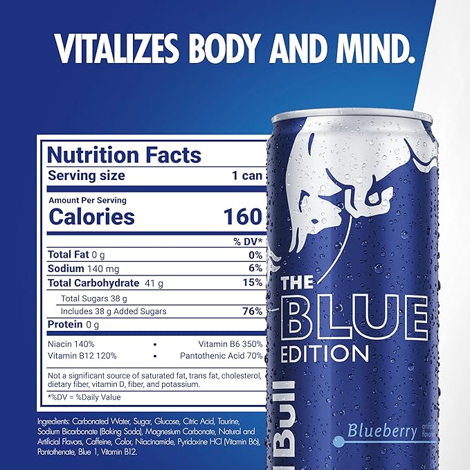 Red Bull Blue Edition Energy Drink, Blueberry, with 114mg Caffeine plus Taurine & B Vitamins, 12 Fl Oz, Pack of 24 Cans