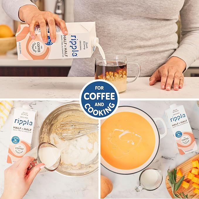 Ripple Plant Based Milk | 8g of Pea Protein | Shelf Stable | Vegan & Non GMO | Dairy, Soy, Nut, Gluten, & Lactose Free 32 Fl Oz (32 Fl Oz (Pack of 6), Half & Half)