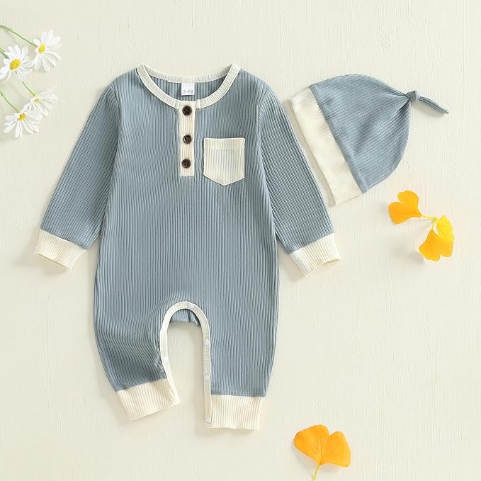 fhutpw Newborn Baby Boy Clothes Ribbed Knit Bodysuit 3 6 Months Infant Fall Long Sleeve Splicing Color Romper Jumpsuit & Hat