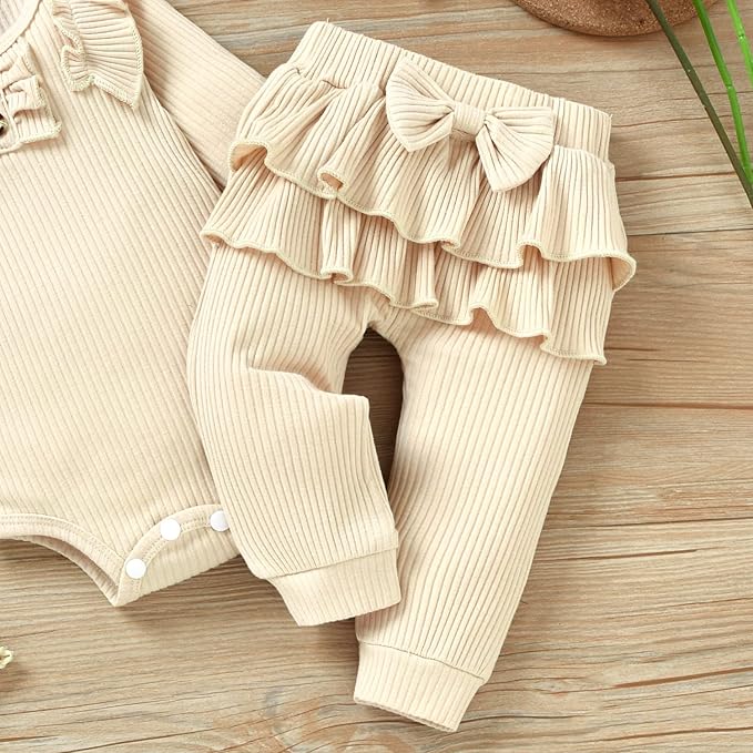 Aalizzwell Preemie Newborn Infant Baby Girls Clothes Ribbed Bodysuit Pants Set Fall Winter Outfits