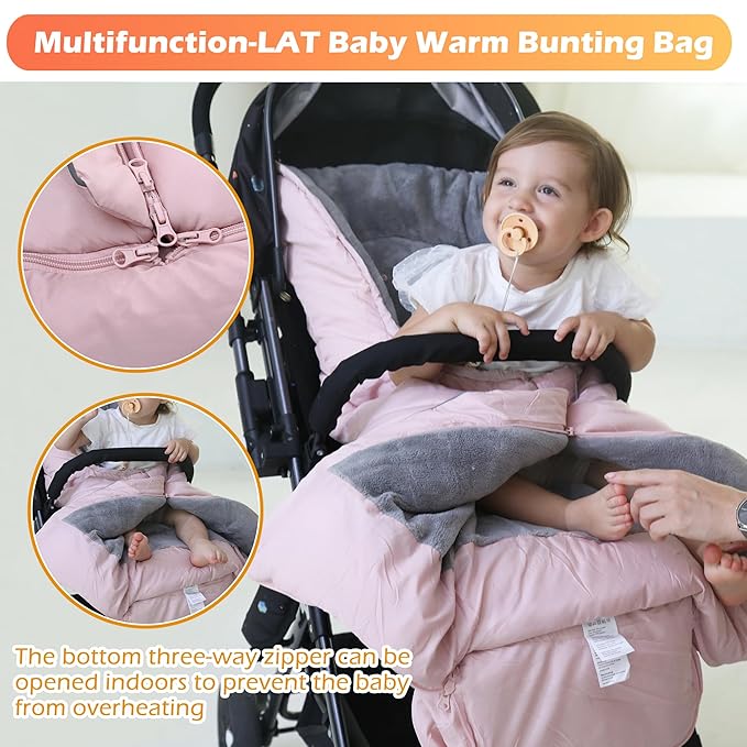 LAT Baby Warm Bunting Bag Universal,Stroller Sleeping Bag Cold Weather,Waterproof Toddler Footmuff (Basic,Pink)