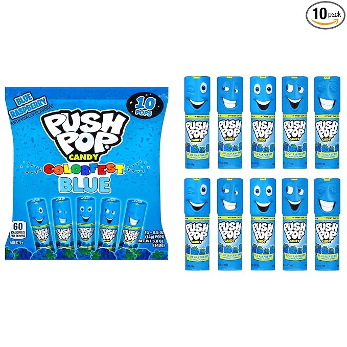 Push Pop Blue Candy Lollipops, 10 Ct Individually Wrapped in Blue Raspberry Flavor, Full Size, Fun Hard Candy Lollipops For Party Favors, Birthday Parties, Goodie Bags, Fun Gifts