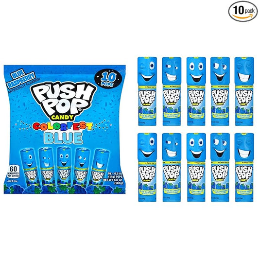 Push Pop Blue Candy Lollipops, 10 Ct Individually Wrapped in Blue Raspberry Flavor, Full Size, Fun Hard Candy Lollipops For Party Favors, Birthday Parties, Goodie Bags, Fun Gifts