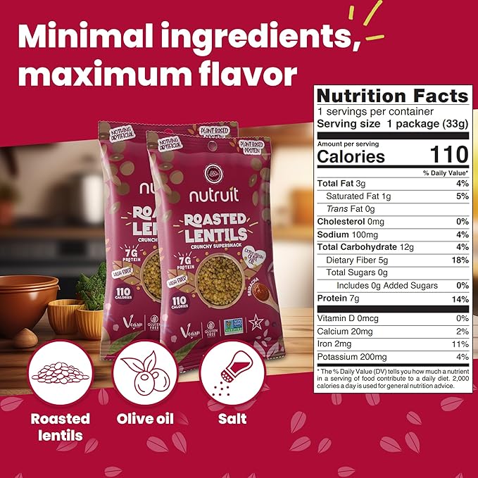 Nutruit Roasted Lentil Snacks - Tasty Smoked Barbecue Healthy Snacks - Vegan, Gluten Free, Non-GMO, High Protein, Healthy On-The-Go, Low Calorie Lentils Snacks - 1.2oz Packs (20-Pack)