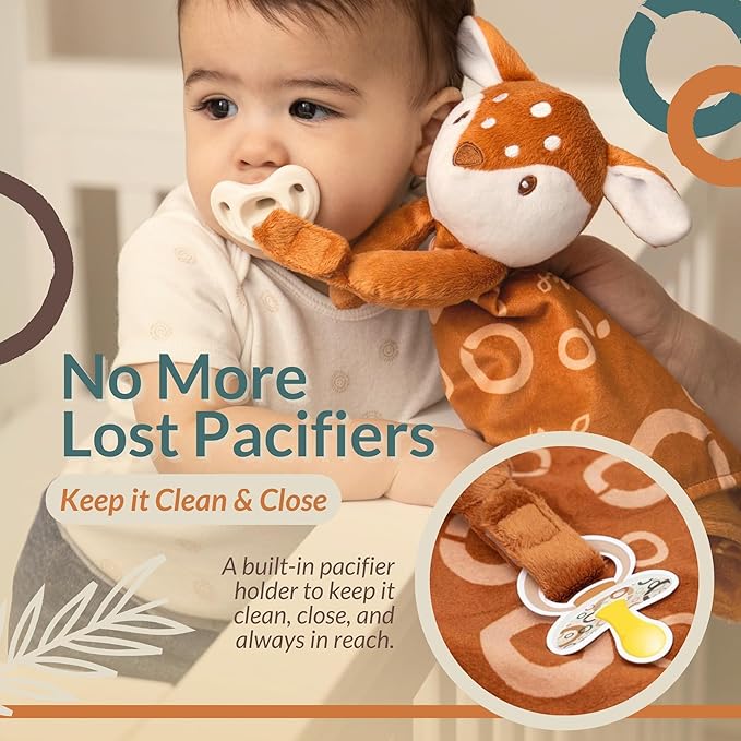 Baby Lovey Security Blanket Newborn - Plush Stuffed Animal with Pacifier Holder, Gender Neutral Baby Gift, Cozy Blanket for Boy & Girl Patterned