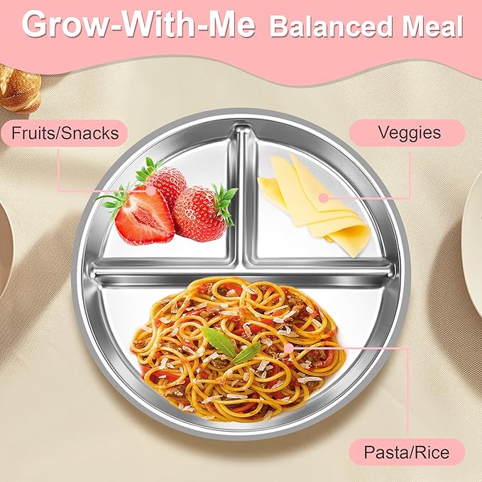 Stainless Steel Toddler Plates Silicone Suction,3 Packs Non-Slip Baby Plates,Divided Portion,Food-Grade Silicone Plate for Kids,LEAD-FREE Dishwasher Safe,Grey Mint Green Pink