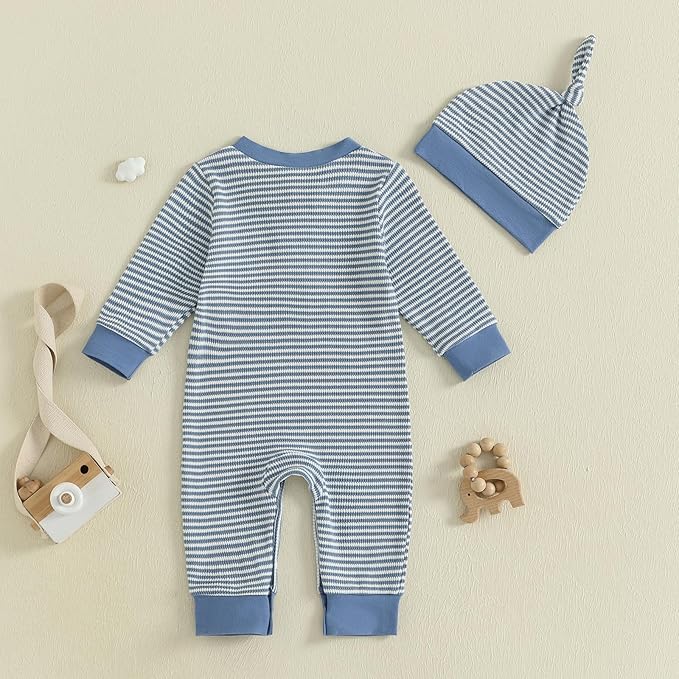 fhutpw Newborn Baby Boy Clothes Ribbed Knit Bodysuit 3 6 Months Infant Fall Long Sleeve Splicing Color Romper Jumpsuit & Hat
