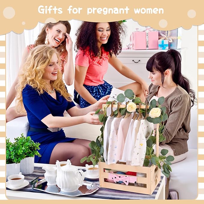 Wooden Baby Shower Crate Closet, Baby Basket with Handle Baby Storage Crate Hamper, Baby Welcome Gifts with 6 Pieces Teddy Bear Wooden Hangers, Baby Personailzed Basket for Pregnancy New Parent