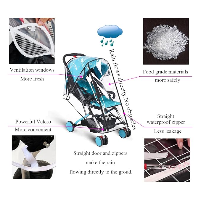Baby Stroller Rain Cover Umbrella Weather Shield Accessories Universal Size Protect from Rain Wind Snow Dust Water Proof Ventilate Clear Food Grade Materia EVA Plastic Zipper Black (Large)