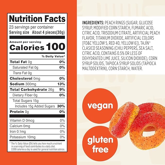 Snak Club Tajin Peach Rings Gummy Candy, Fruit Candy Gummies with Chili and Lime Seasoning, Mild, Gluten-Free and Vegan Snacks, 24 oz Resealable Bag