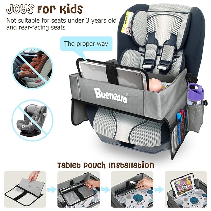 [New Version] Car Seat Organizer Kids Travel Tray for Kids Toddlers Activities in Car Seat, Stroller, Airplane | Touch Screen iPad Holder | Waterproof Dry Erase Top | Side Pocket & Water Bottle Holder
