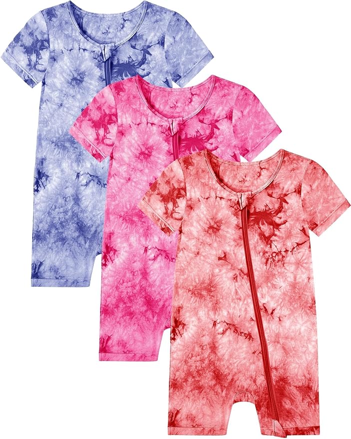 Jimonda Baby Girl Boys Rayon From Bamboo Pajamas 3 Pack Short Sleeve Footless Romper 2 Way Zipper Tie Dye Pjs Sleeper 0-24M