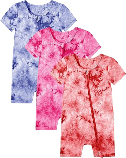 Jimonda Baby Girl Boys Rayon From Bamboo Pajamas 3 Pack Short Sleeve Footless Romper 2 Way Zipper Tie Dye Pjs Sleeper 0-24M