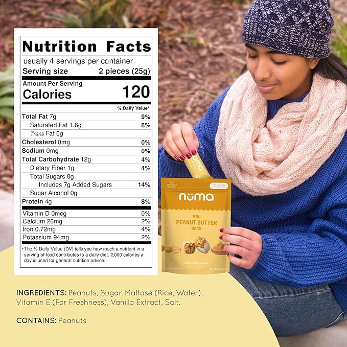 Numa Foods Mini Peanut Butter Bars – Vegan, Low Sugar, High Protein, All Natural, Gluten Free – Crunchy Plant Based Peanut Butter Snacks – 3 Bags with 8 Individually Wrapped PB Bites