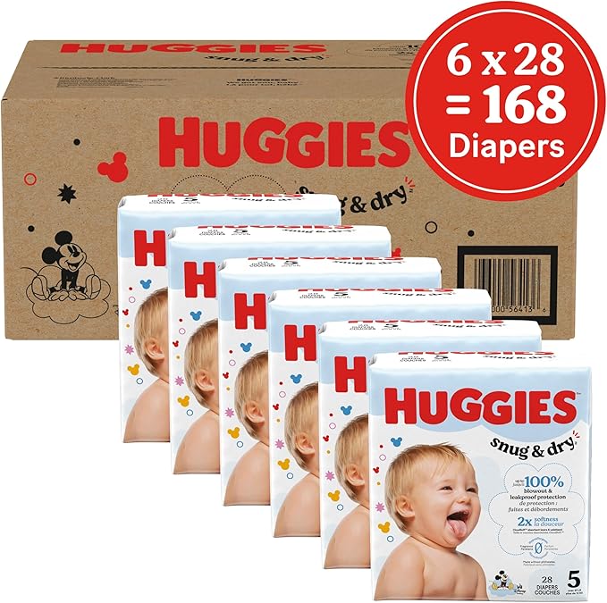 Huggies Size 5 Diapers, Snug & Dry Baby Diapers, Size 5 (27+ lbs), 168 Count (6 Packs of 28), Packaging May Vary