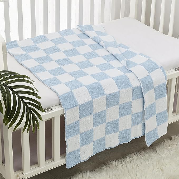 CREVENT 30"X40" Cozy Soft Warm Chenille Baby Blanket for Girls Boys, Newborn Essentials for Infant, Baby Shower Receiving Gift - Checked Blue 75X100cm