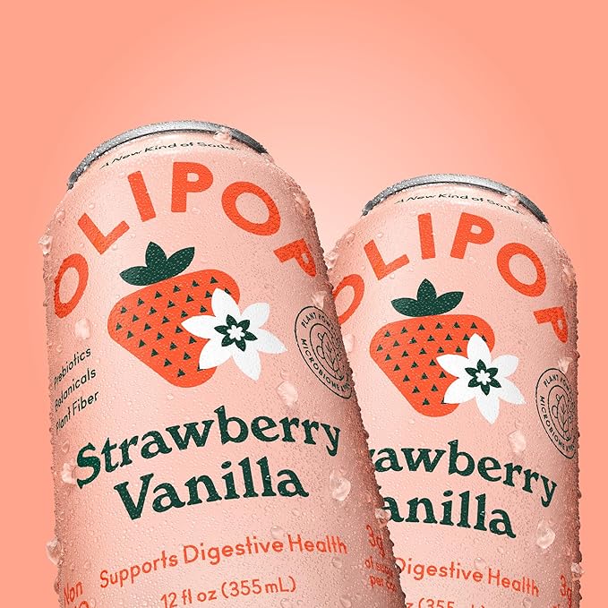 OLIPOP Prebiotic Soda Pop, Strawberry Vanilla, Pantry Pack Packed with Prebiotics, Fiber, and Botanicals, Gluten Free, Vegan, GMO Free, 12oz (12-Cans)