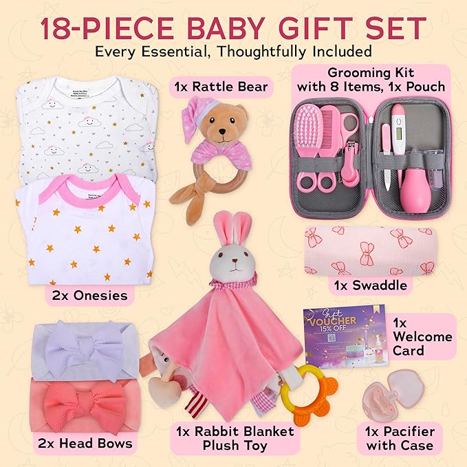 Sky Bliss 18pc Gift Set, Baby Grooming kit, Baby Clothes, Baby Rattle, Baby Blanket, Swaddle, Pacifier, Gifts for New Baby Girl, Newborn Essentials, Baby Gift Set (Grooming Kit), Gift for New mom.