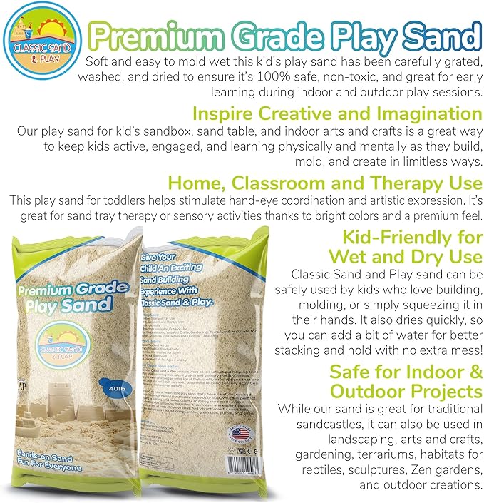 Classic Sand and Play Sand for Sandbox, Table, Therapy, and Outdoor Use, 40 lb. Bag, Natural, Non-Toxic, Wet Castle Building for Creativity and Stimulates Sensory Skills