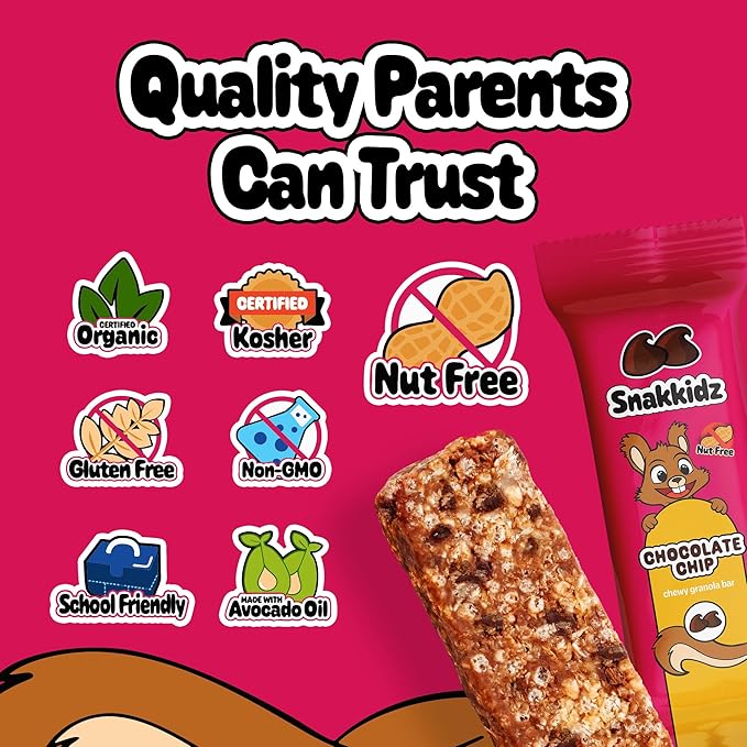 Snakkidz Organic Chewy Granola Bar, Allergen Free, Made with Avocado Oil, Low Sugar (45 Bars, Chocolate Chip)