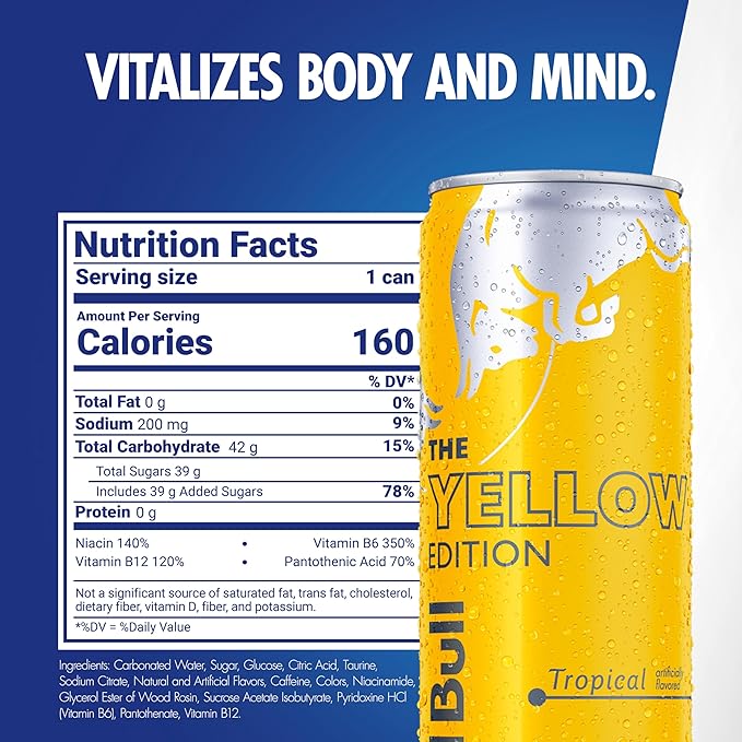 Red Bull Yellow Edition Energy Drink, Tropical, with 114mg Caffeine plus Taurine & B Vitamins, 12 Fl Oz, Pack of 24 Cans