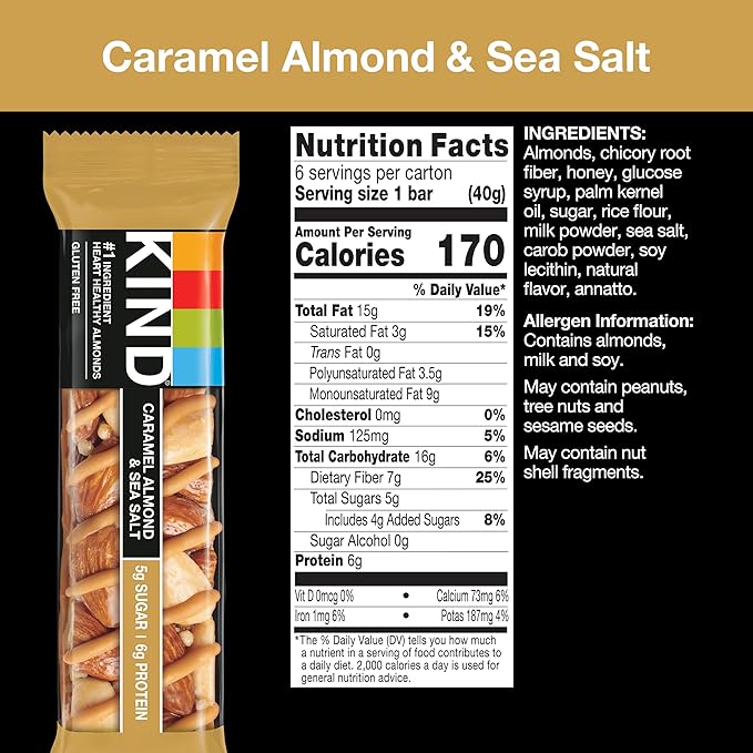 KIND Nut Bars, Caramel Almond & Sea Salt, Healthy Snacks, Gluten Free, Low Sugar, 6g Protein, 12 Count