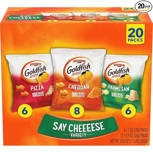 Goldfish Crackers Say Cheeeese Variety Pack with Cheddar, Pizza and Parmesan, Snack Packs, 20 Ct