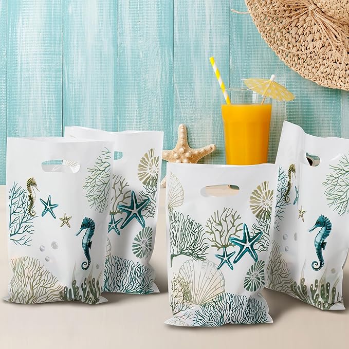 Summer Beach Party Favor Bags - 50Pcs Blue Coastal Goody Candy Treat Gifts Bags, Ocean Seashell Themed Party Decorations for Kids Birthday Summer Ocean Coastal Beach Events Supplies