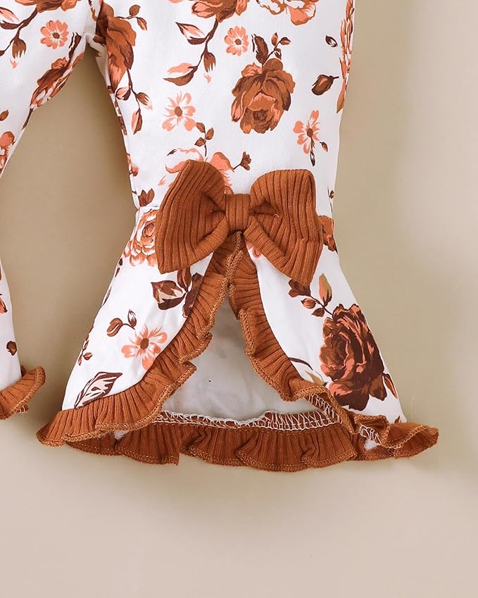 SUNNY PIGGY Newborn Baby Girl Clothes Infant Outfits Romper Floral Fall Outfit Bell Bottoms Pant Sets Hat Headband Flowerpant