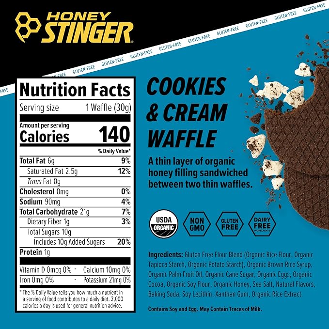 Honey Stinger Organic Gluten Free Cookies & Cream Waffle, Energy Stroopwafel for Exercise, Endurance and Performance, Sports Nutrition for Home & Gym, Pre & During Workout, 16 Waffles, 16.96 Ounce