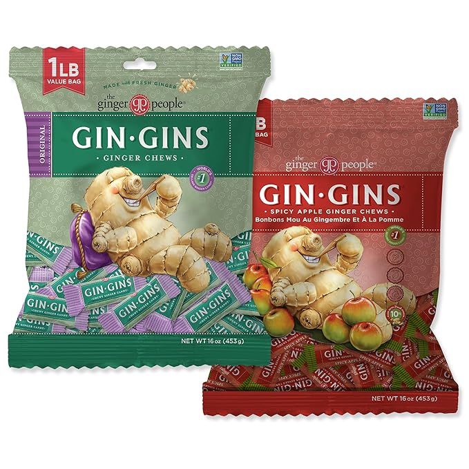 The Ginger People GIN GINS Chews - Original, Spicy Apple - 1lb bags - Pack of 2