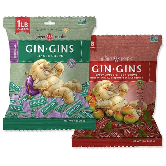 The Ginger People GIN GINS Chews - Original, Spicy Apple - 1lb bags - Pack of 2
