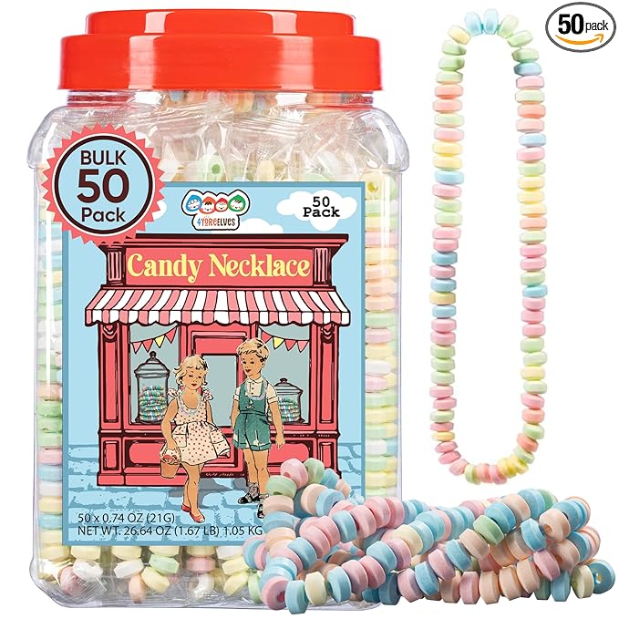 50 Candy Necklaces Individually Wrapped, Choker Style, Nostalgic Pastel Candy Jewelry Perfect for Party Favors, Pinata Fillers and Goodie Bags, Packed in a Convenient Display Tub, By 4YoreElves