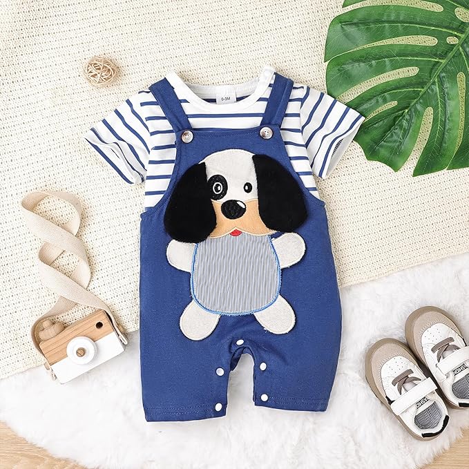Baby Boy Clothes Newborn Outfits Stripe Romper Infant Cartoon Overall Adjustable Suspender Pants Set 0-18 Months