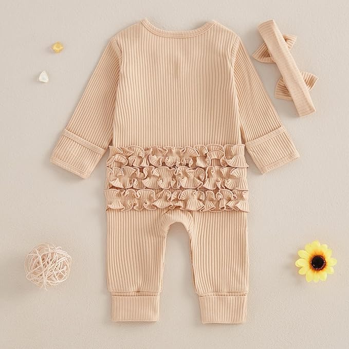 Newborn Girl Clothes Baby Girl Coming Home Outfit Zipper One-piece Outfits Ruffle Footie Bodysuit Jumpsuit Headband
