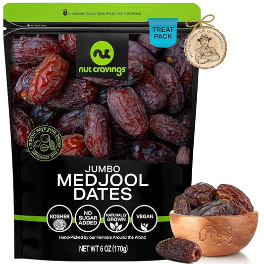 NUT CRAVINGS - Sun Dried Jumbo Medjool Dates, No Sugar Added (6oz, 1 Pack) Bulk Dry Fruits Packed Fresh in Resealable Bag - Sweet Healthy Snack, Naturally Grown, Vegan, Kosher