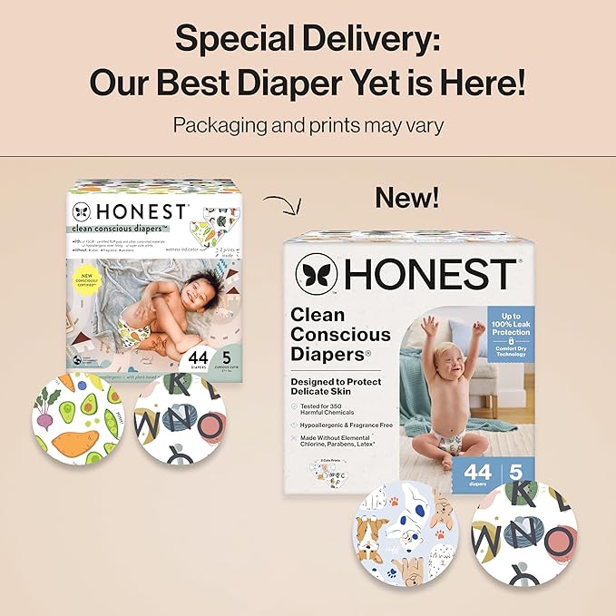 The Honest Company Clean Conscious Diapers for Delicate Skin | Up to 100% Leakproof | Hypoallergenic, Fragrance Free | Gender Neutral | Club Box, Size 5 (27+ lbs), 44 Count (Prints May Vary)