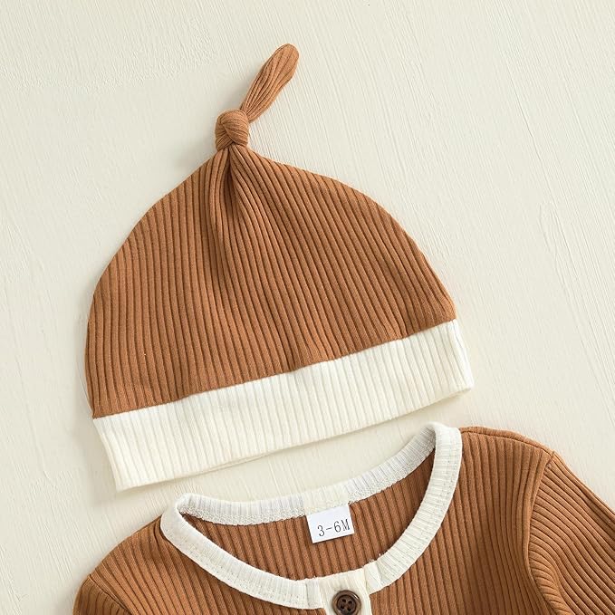 fhutpw Newborn Baby Boy Clothes Ribbed Knit Bodysuit 3 6 Months Infant Fall Long Sleeve Splicing Color Romper Jumpsuit & Hat
