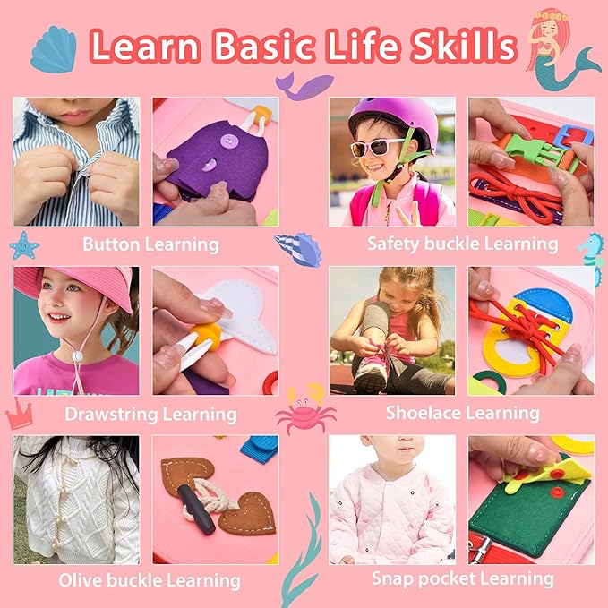 Preschool Learning Board for Toddlers 2-4, Montessori Busy Books for 1-4 Years, Sensory Busy Board for Travel Gift (Mermaid)