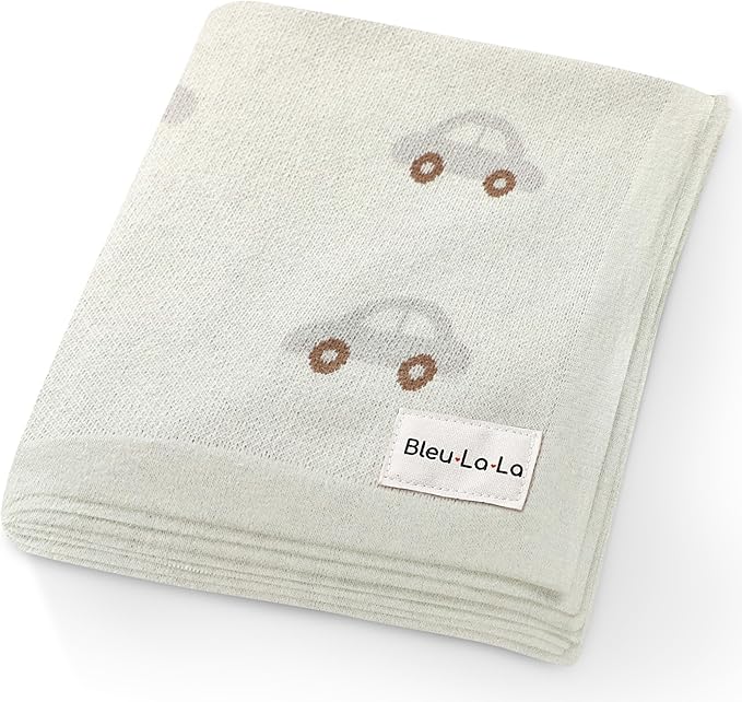 Knit Baby Blanket for Girls and Boys 100% Cotton Buttery Soft Cozy Receiving Swaddle Stroller Blanket for Shower Gift Registry for Newborns, Infants, Toddlers (Cars - Cream)