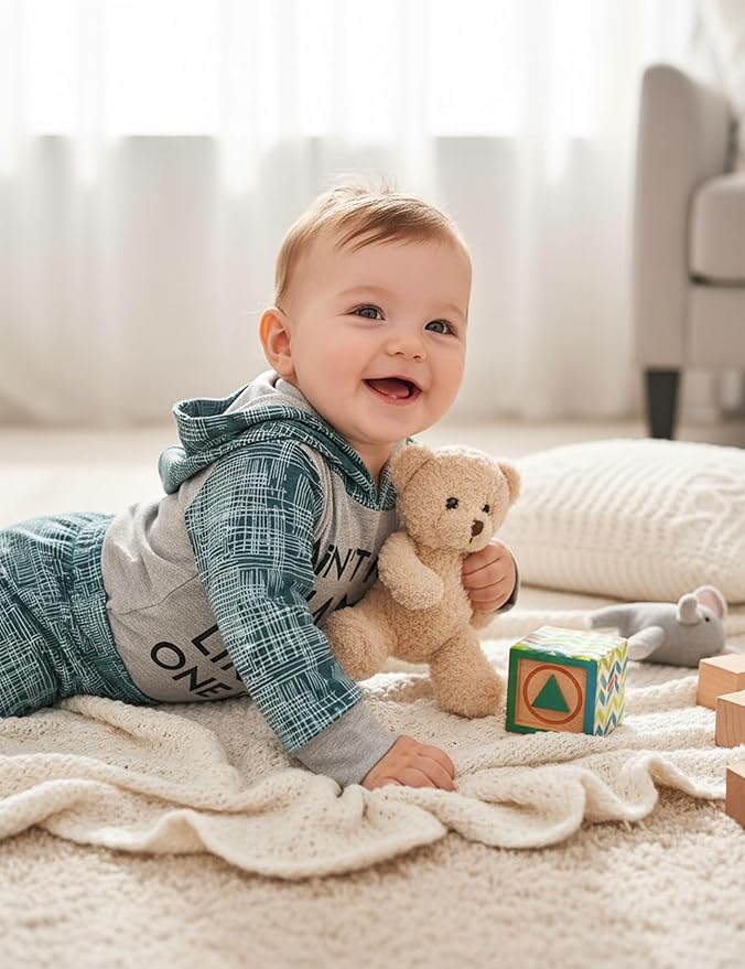 Fommy Newborn Baby Boy Clothes Plaid Letter Print Long Sleeve Hoodies + Long Pants 2PCS Fall Winter Outfits Set