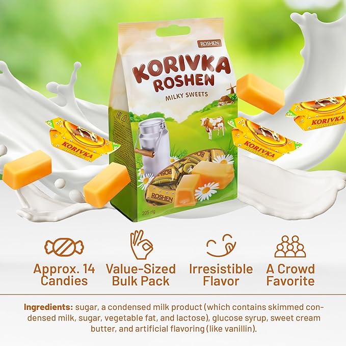 Roshen Korivka Milk Fudge Candy, 13.33oz (378g), Approx. 14 Pieces, Ukrainian Non-Glazed Dairy Fudge with Sugary Crust & Creamy Liquid Filling, Individually Wrapped, Kosher, Halal - Pack of 1
