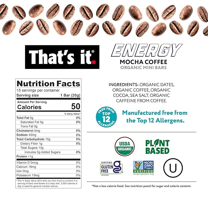 That’s it. Organic Energy Coffee Mini Bars - (1 Mini Bar = 1 Cup of Coffee) Grab and Go, No Added Sugars, Non-GMO, Caffeine Power Snack, Kosher, Allergy Friendly (Mocha Coffee - 15 Count)