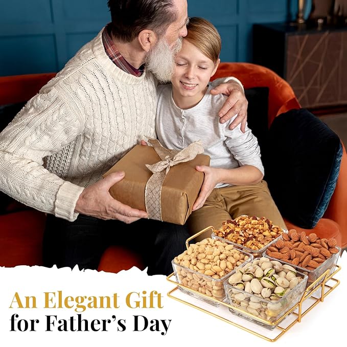 Nuts gift Basket Luxurious and Elegant 4 Sectional Premium Reusable Glass Tray, Perfect Holiday Food Gift Basket for Everyday Gifting