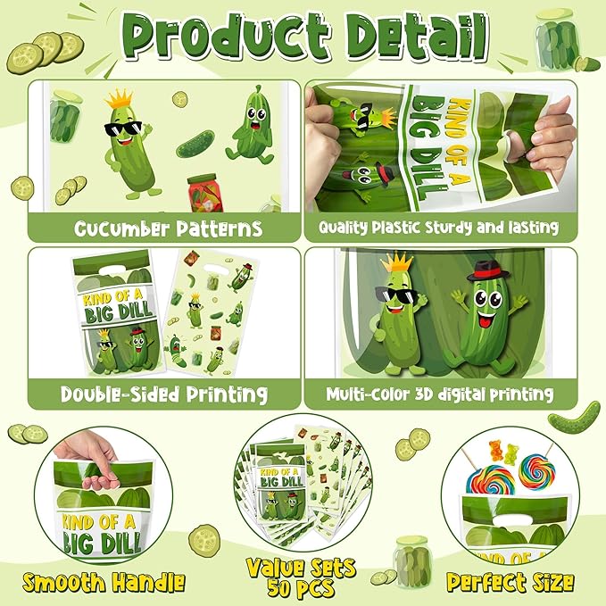 Funny Pickle Party Favor Bags - 50Pcs Kind of a Big Deal Cucumber Goody Candy Treat Gifts Bags, Interesting Vegetable Themed Party Decorations for Adults Kids Birthday Fruit Vegetable Events Supplies