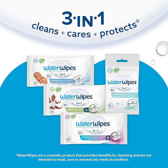 WaterWipes Sensitive+ Newborn & Baby Wipes, 3-In-1 Cleans, Cares, Protects, 99.9% Water, Unscented & Hypoallergenic, 720 Count (24 Packs)