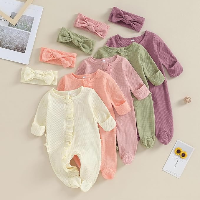 Newborn Girl Clothes Baby Girl Coming Home Outfit Zipper One-piece Outfits Ruffle Footie Bodysuit Jumpsuit Headband