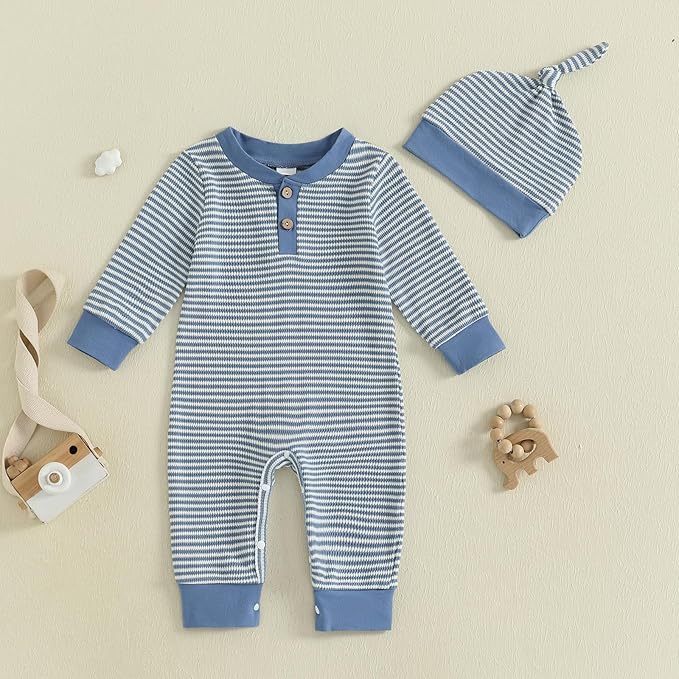 fhutpw Newborn Baby Boy Clothes Ribbed Knit Bodysuit 3 6 Months Infant Fall Long Sleeve Splicing Color Romper Jumpsuit & Hat
