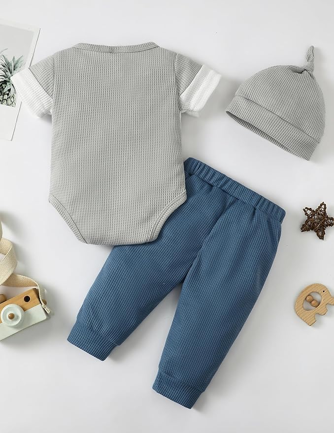 SUNNY PIGGY Baby Boy Clothes Newborn Infant Boys Outfits Romper Hat Pants 3PC Set 0-3 3-6 6-12 12-18 Month Clothing Gift