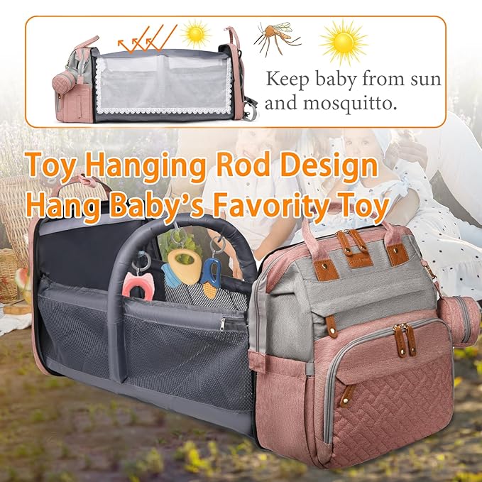 Baby Diaper Bags with Changing Station, Waterproof Diaper Bag Backpack for Moms Dads with USB Charging Port, Baby Shower Gifts, Large Capacity diaper backpack, Grey Pink